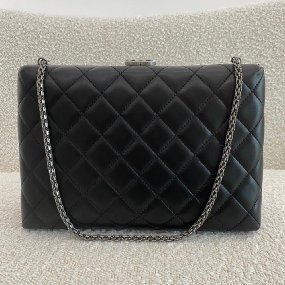 Authentic Chanel Lambskin Quilted Kisslock Minaudière Black